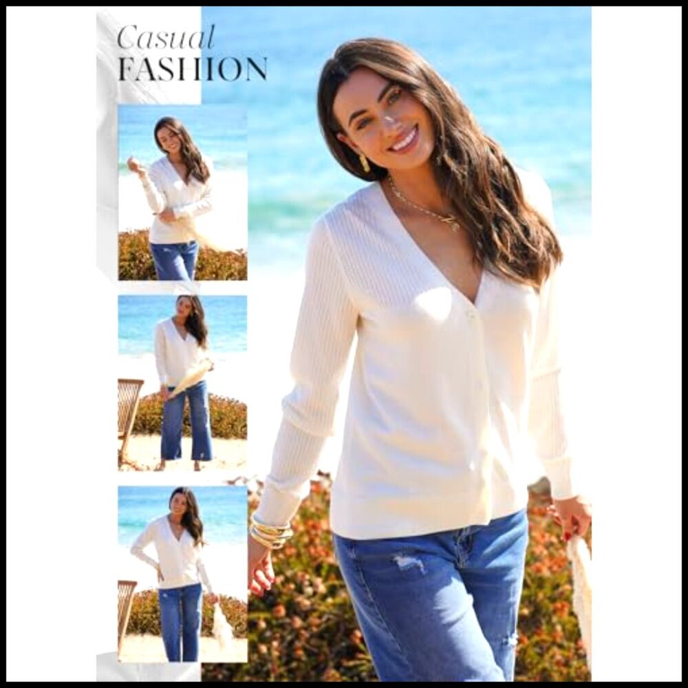 Wool Blend V-Neck Cardigan Sweater Long Sleeve Button Down Hollow Out Knit - Picture 4 of 7